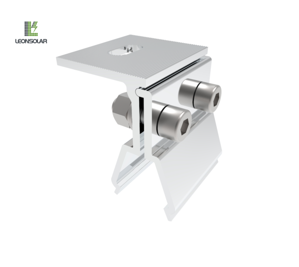 The solar panels installed on metal roofs use standing seam clamps with two bolts.